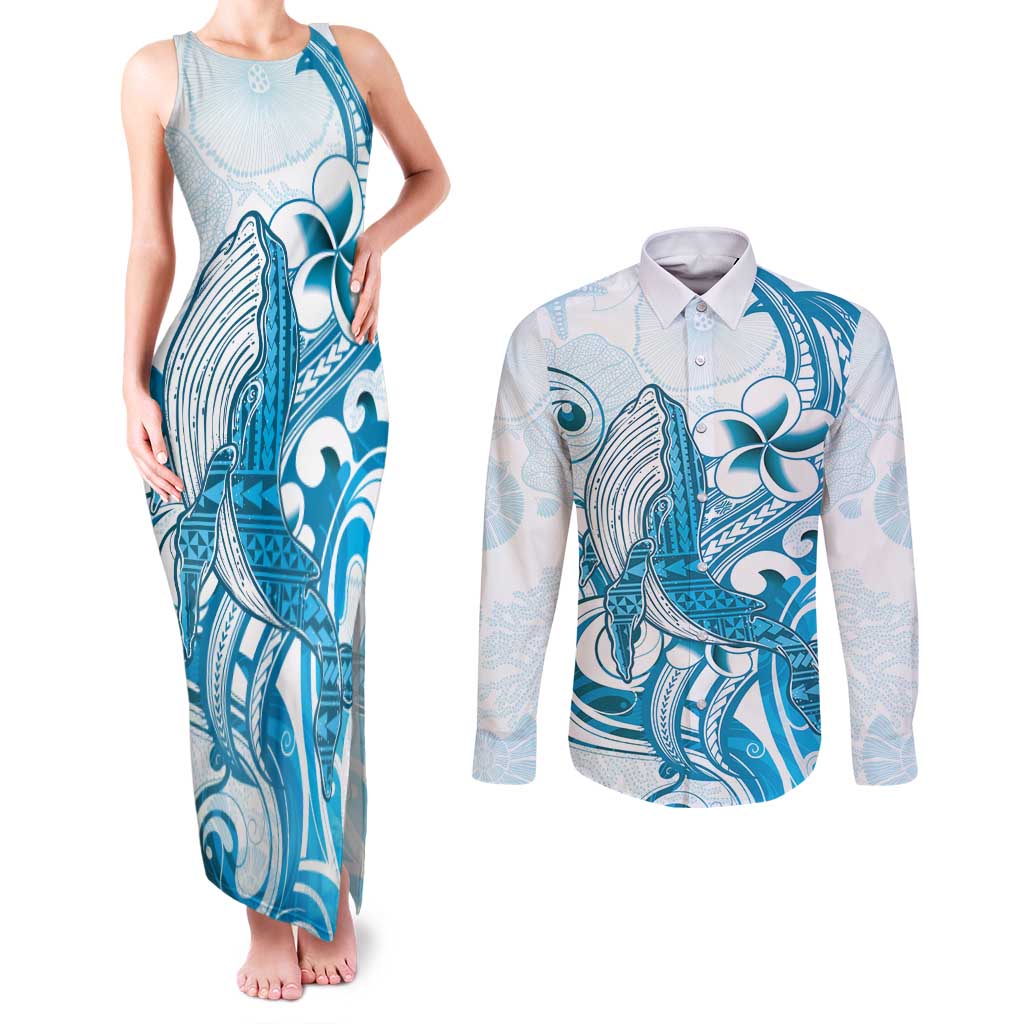Blue Hawaii Humpback Whale Couples Matching Tank Maxi Dress and Long Sleeve Button Shirt Polynesian Tribal Ocean Vibes