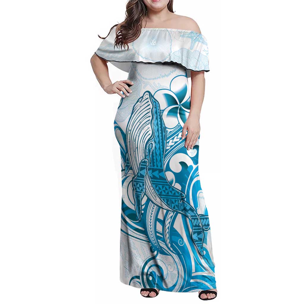 Blue Hawaii Humpback Whale Family Matching Off Shoulder Maxi Dress and Hawaiian Shirt Polynesian Tribal Ocean Vibes