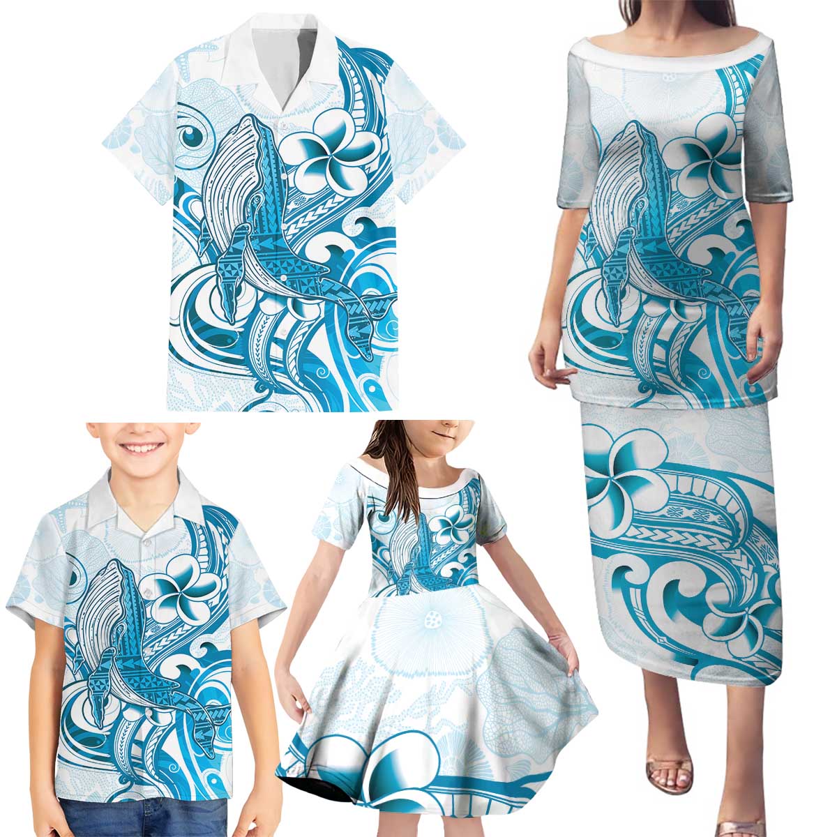 Blue Hawaii Humpback Whale Family Matching Puletasi and Hawaiian Shirt Polynesian Tribal Ocean Vibes LT14 - Polynesian Pride