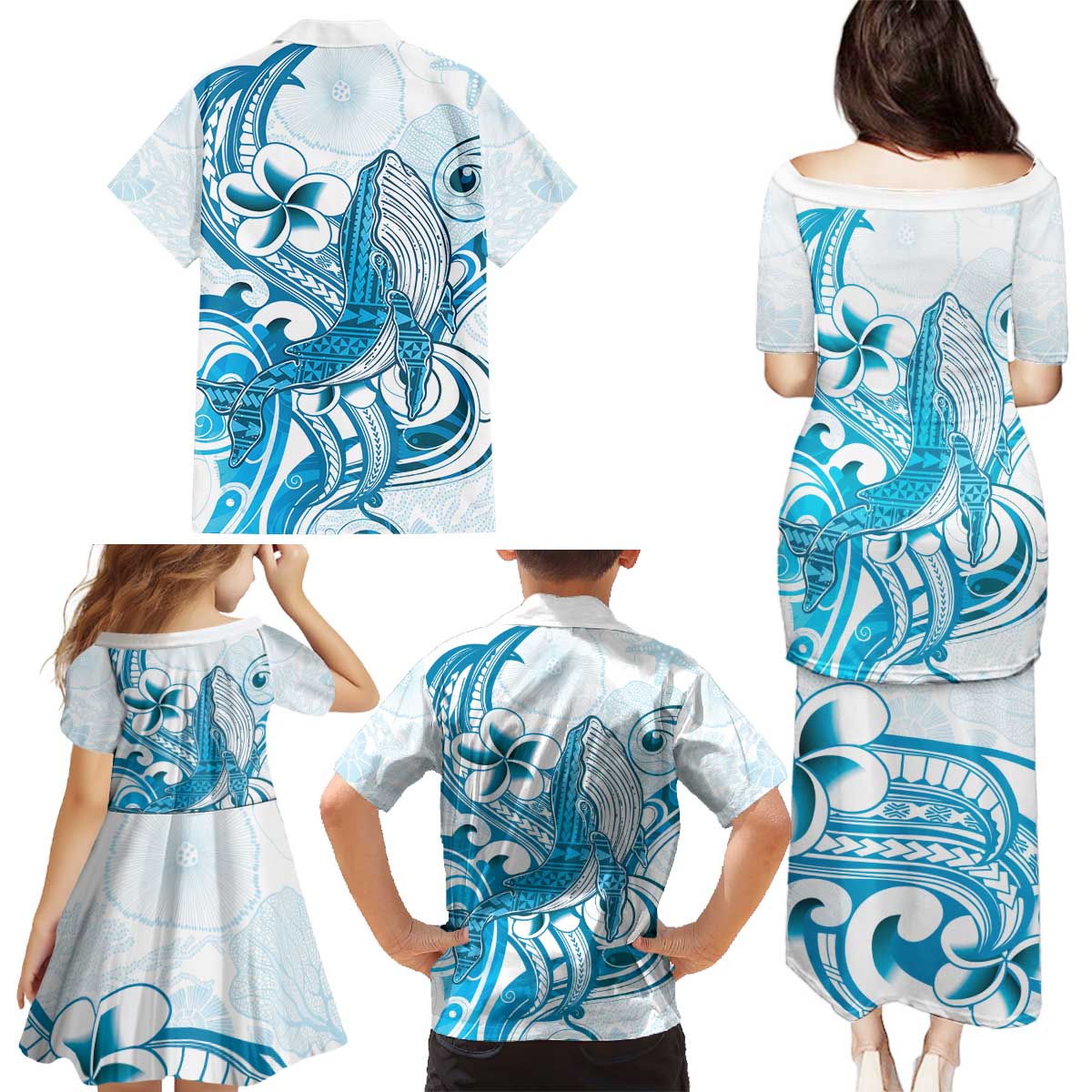 Blue Hawaii Humpback Whale Family Matching Puletasi and Hawaiian Shirt Polynesian Tribal Ocean Vibes LT14 - Polynesian Pride