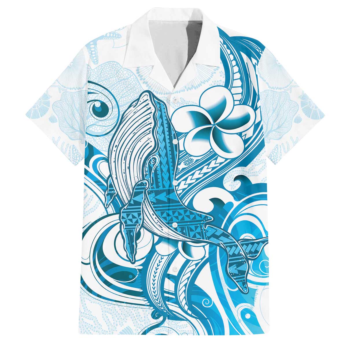 Blue Hawaii Humpback Whale Family Matching Puletasi and Hawaiian Shirt Polynesian Tribal Ocean Vibes LT14 Dad's Shirt - Short Sleeve Blue - Polynesian Pride