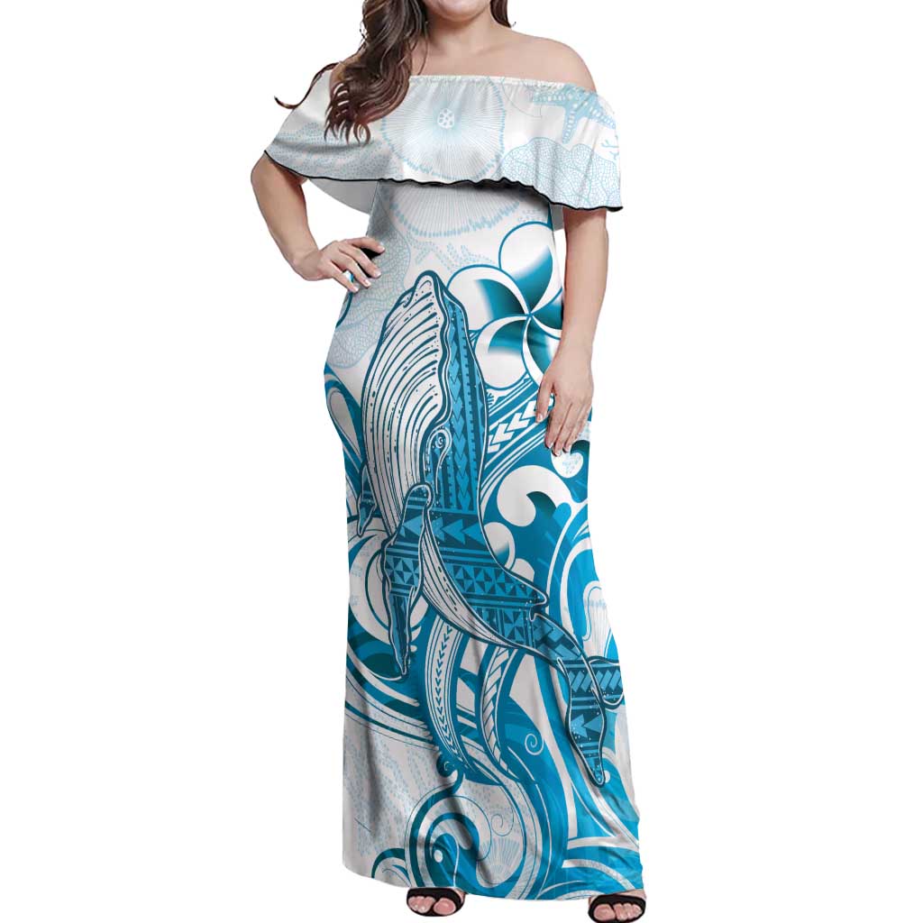 Blue Hawaii Humpback Whale Off Shoulder Maxi Dress Polynesian Tribal Ocean Vibes