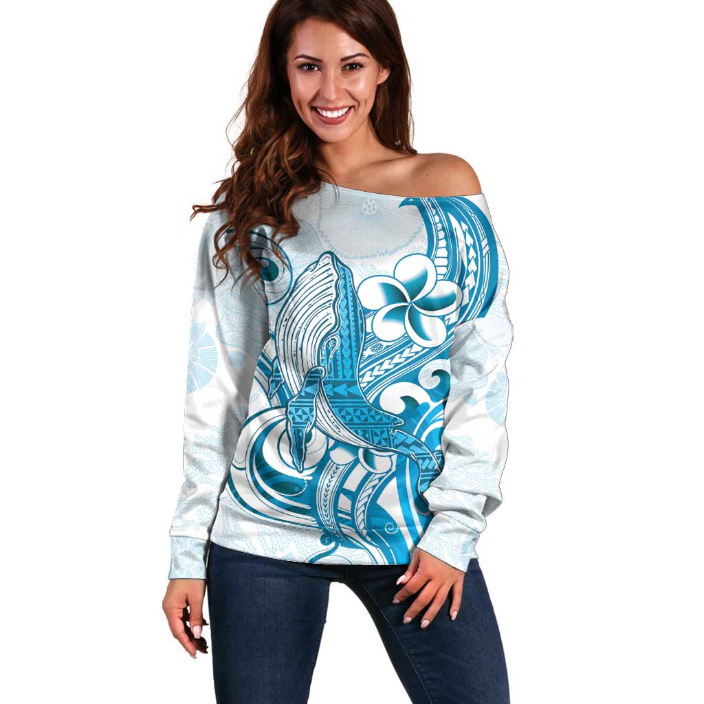 Blue Hawaii Humpback Whale Off Shoulder Sweater Polynesian Tribal Ocean Vibes