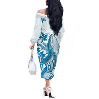 Blue Hawaii Humpback Whale Off The Shoulder Long Sleeve Dress Polynesian Tribal Ocean Vibes