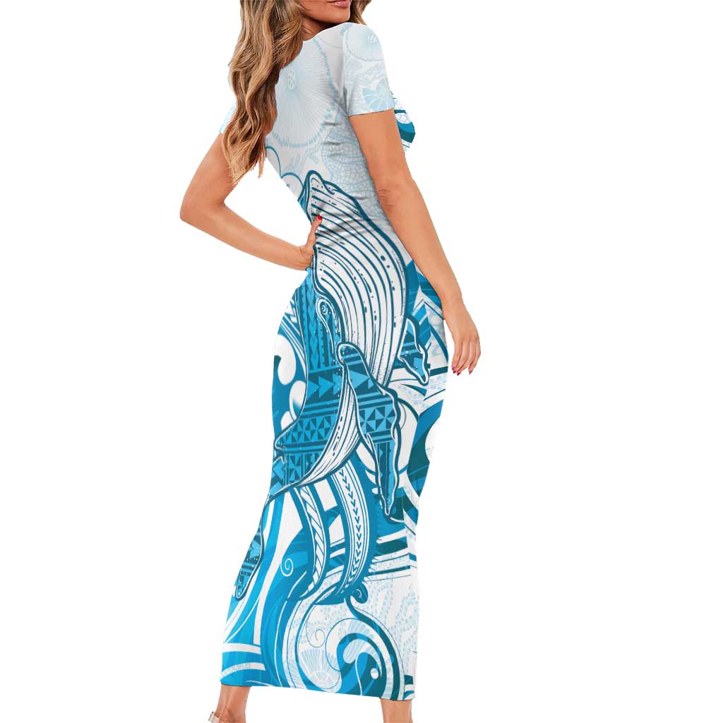 Blue Hawaii Humpback Whale Short Sleeve Bodycon Dress Polynesian Tribal Ocean Vibes