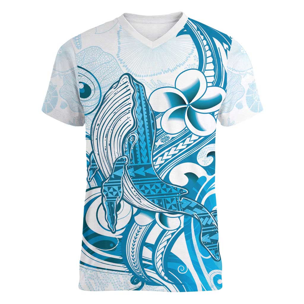 Blue Hawaii Humpback Whale Women V-Neck T-Shirt Polynesian Tribal Ocean Vibes