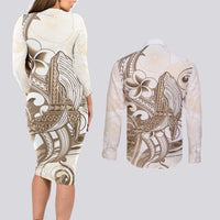 Brown Hawaii Humpback Whale Couples Matching Long Sleeve Bodycon Dress and Long Sleeve Button Shirt Polynesian Tribal Ocean Vibes