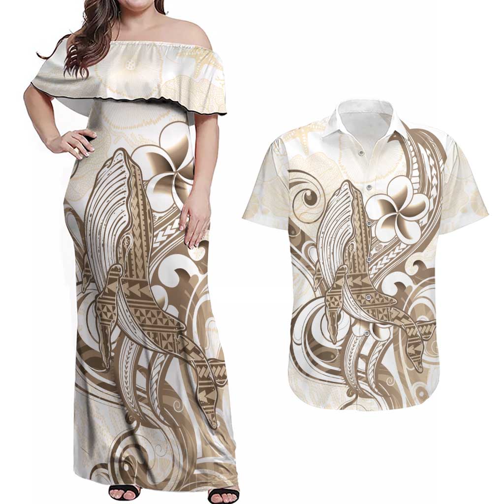 Brown Hawaii Humpback Whale Couples Matching Off Shoulder Maxi Dress and Hawaiian Shirt Polynesian Tribal Ocean Vibes