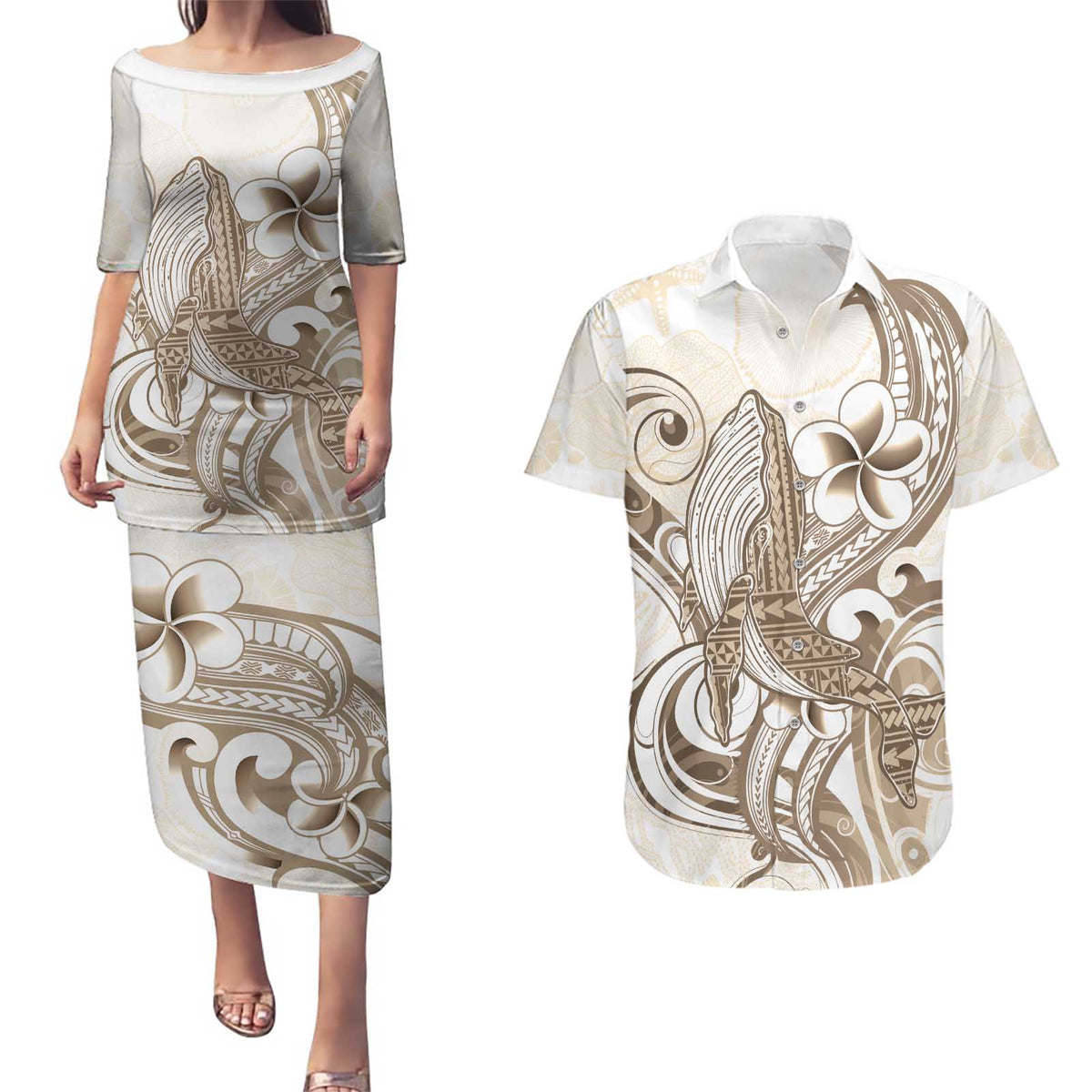 Brown Hawaii Humpback Whale Couples Matching Puletasi and Hawaiian Shirt Polynesian Tribal Ocean Vibes