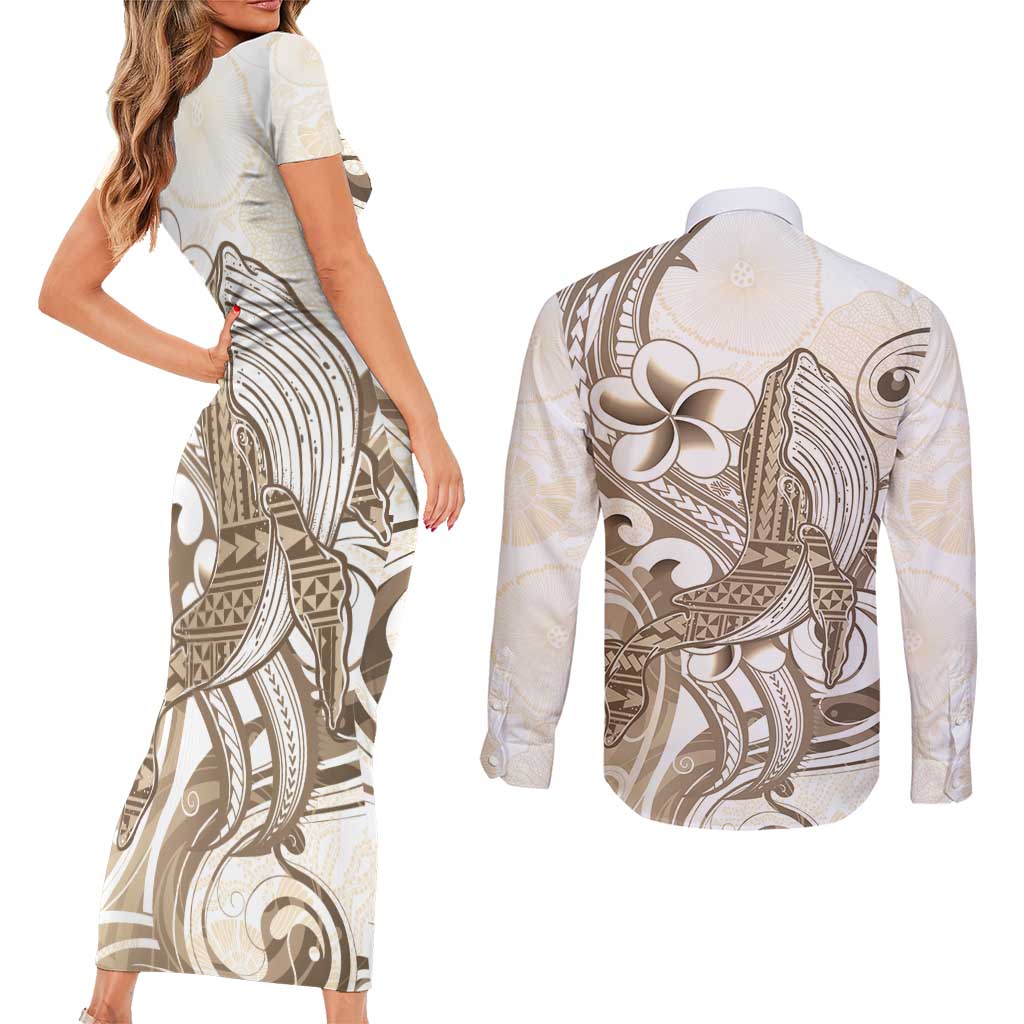 Brown Hawaii Humpback Whale Couples Matching Short Sleeve Bodycon Dress and Long Sleeve Button Shirt Polynesian Tribal Ocean Vibes