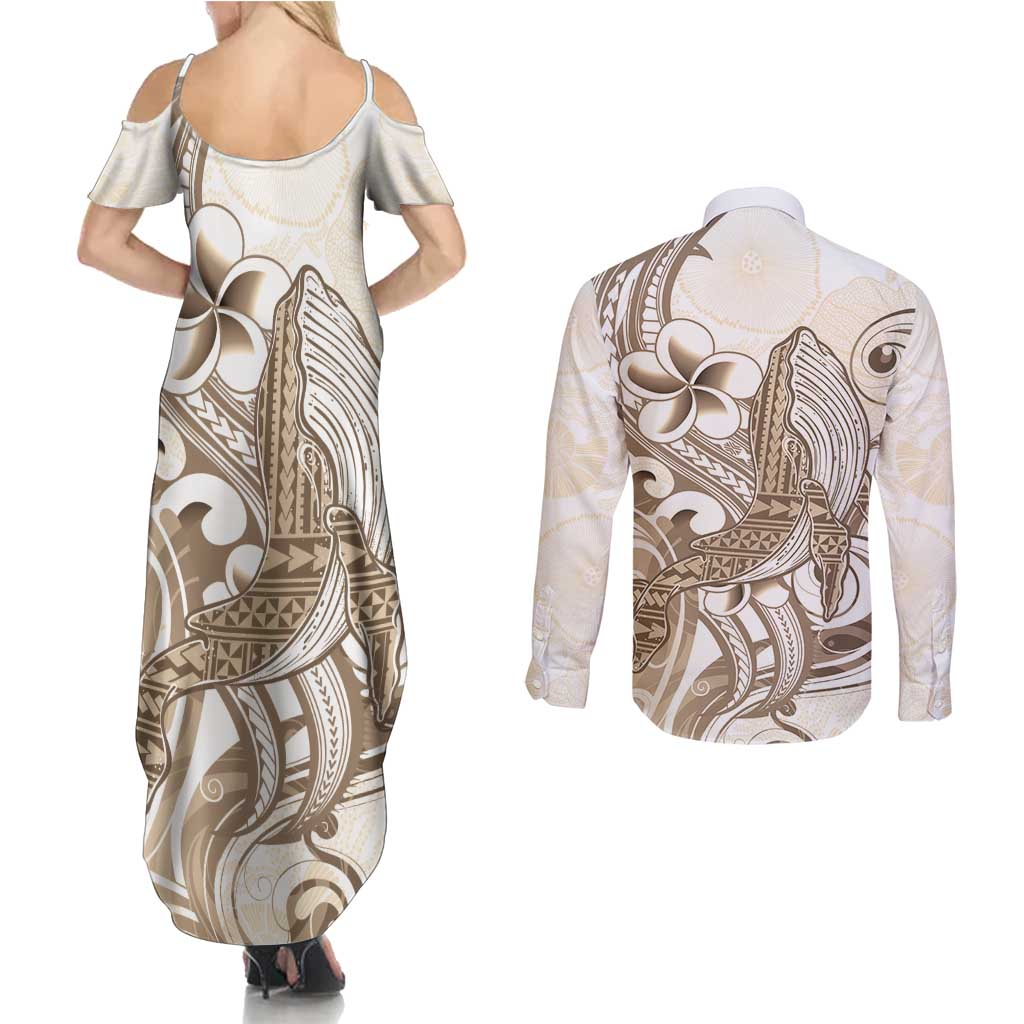 Brown Hawaii Humpback Whale Couples Matching Summer Maxi Dress and Long Sleeve Button Shirt Polynesian Tribal Ocean Vibes