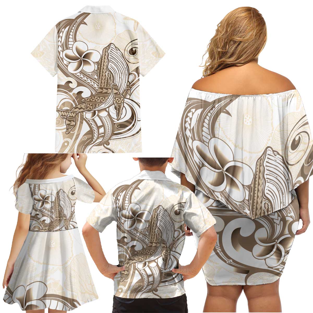 Brown Hawaii Humpback Whale Family Matching Off Shoulder Short Dress and Hawaiian Shirt Polynesian Tribal Ocean Vibes
