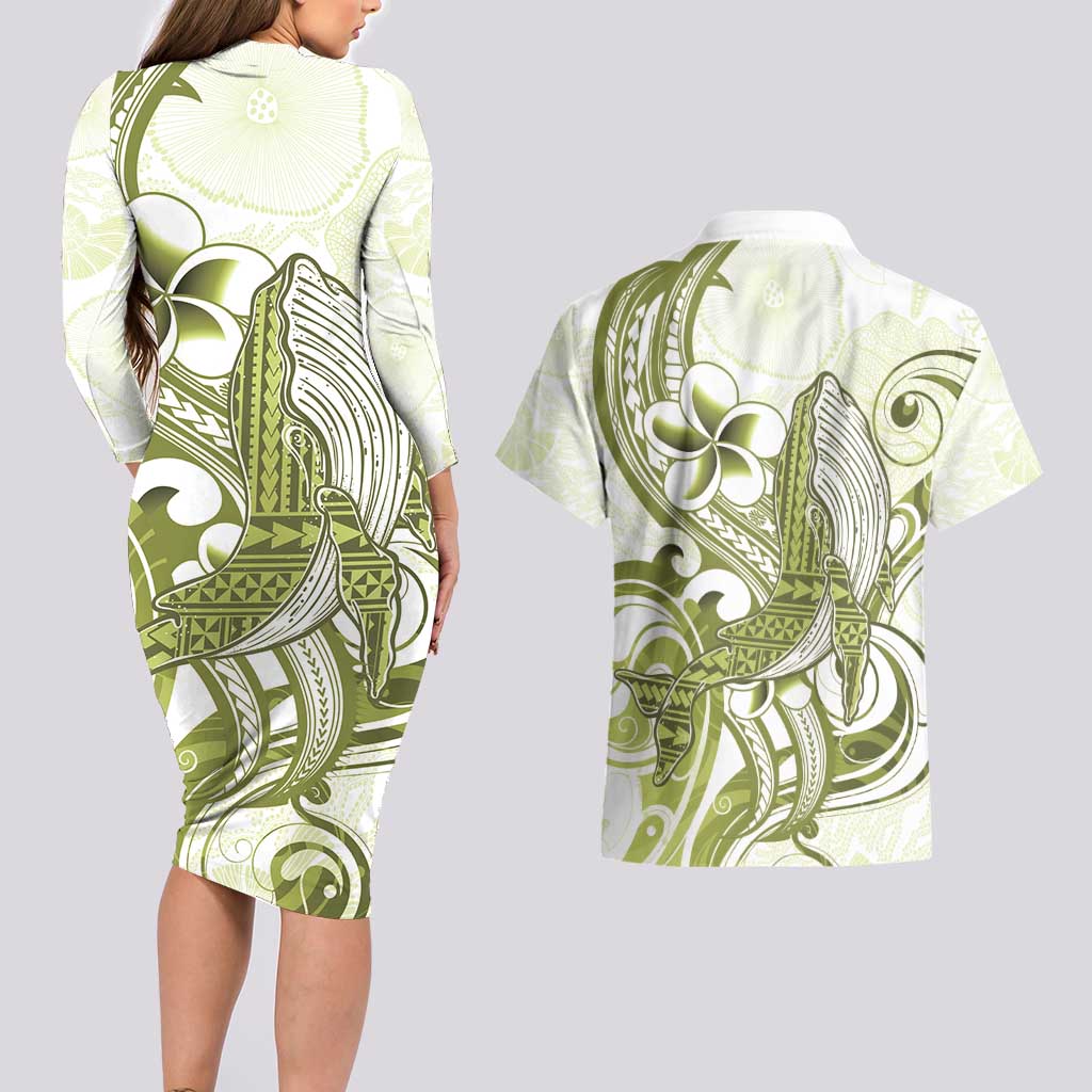 Lime Green Hawaii Couples Matching Long Sleeve Bodycon Dress and Hawaiian Shirt Humpback Whale Tattoo Polynesian Tribal Ocean Vibes