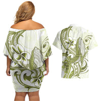 Lime Green Hawaii Couples Matching Off Shoulder Short Dress and Hawaiian Shirt Humpback Whale Tattoo Polynesian Tribal Ocean Vibes