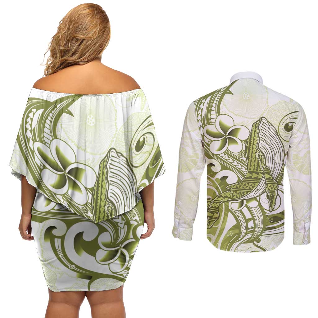 Lime Green Hawaii Couples Matching Off Shoulder Short Dress and Long Sleeve Button Shirt Humpback Whale Tattoo Polynesian Tribal Ocean Vibes