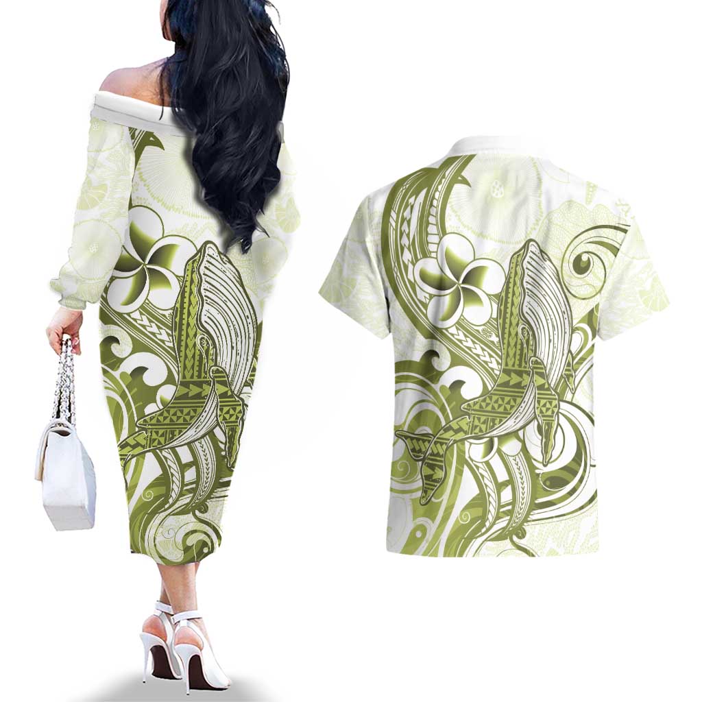 Lime Green Hawaii Couples Matching Off The Shoulder Long Sleeve Dress and Hawaiian Shirt Humpback Whale Tattoo Polynesian Tribal Ocean Vibes