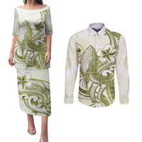 Lime Green Hawaii Couples Matching Puletasi and Long Sleeve Button Shirt Humpback Whale Tattoo Polynesian Tribal Ocean Vibes
