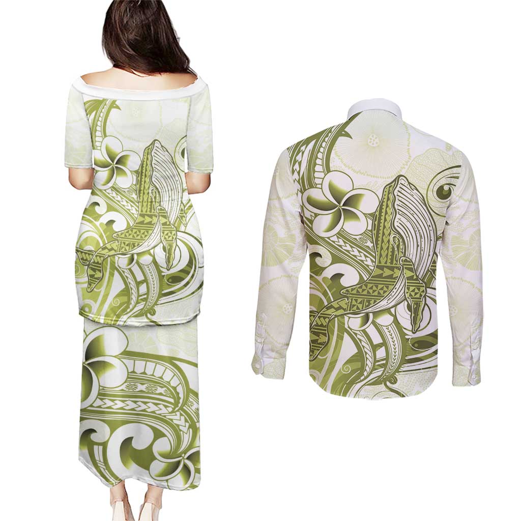 Lime Green Hawaii Couples Matching Puletasi and Long Sleeve Button Shirt Humpback Whale Tattoo Polynesian Tribal Ocean Vibes