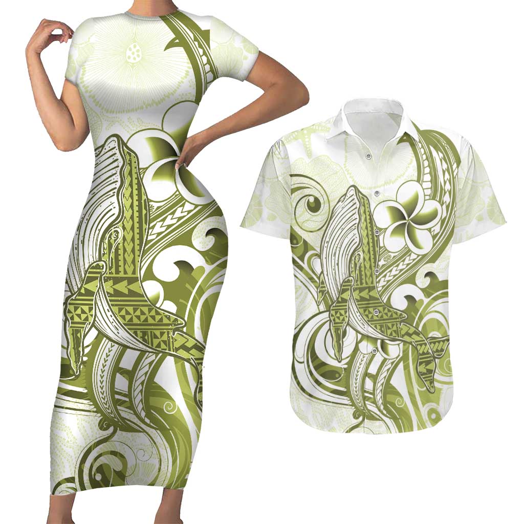 Lime Green Hawaii Couples Matching Short Sleeve Bodycon Dress and Hawaiian Shirt Humpback Whale Tattoo Polynesian Tribal Ocean Vibes