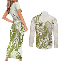 Lime Green Hawaii Couples Matching Short Sleeve Bodycon Dress and Long Sleeve Button Shirt Humpback Whale Tattoo Polynesian Tribal Ocean Vibes