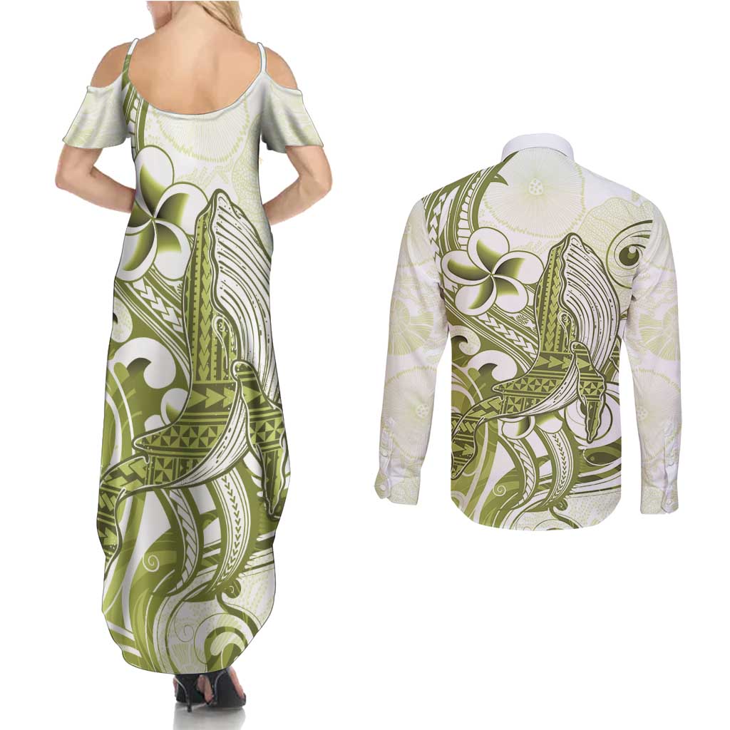 Lime Green Hawaii Couples Matching Summer Maxi Dress and Long Sleeve Button Shirt Humpback Whale Tattoo Polynesian Tribal Ocean Vibes