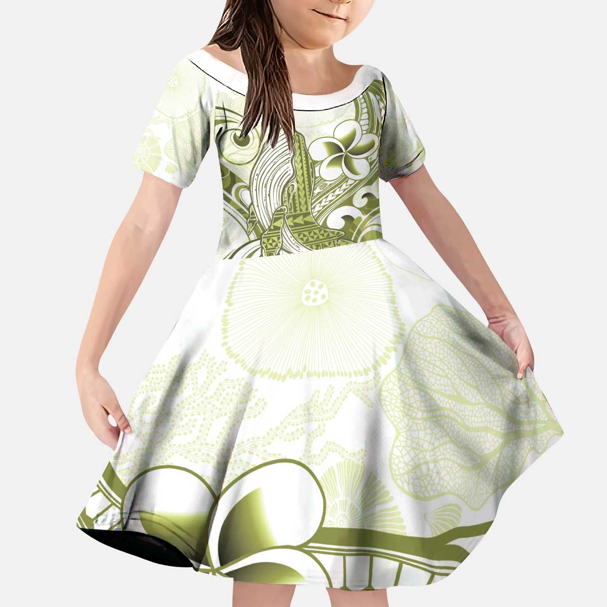 Lime Green Hawaii Family Matching Puletasi and Hawaiian Shirt Humpback Whale Tattoo Polynesian Tribal Ocean Vibes LT14 Daughter's Dress Lime Green - Polynesian Pride