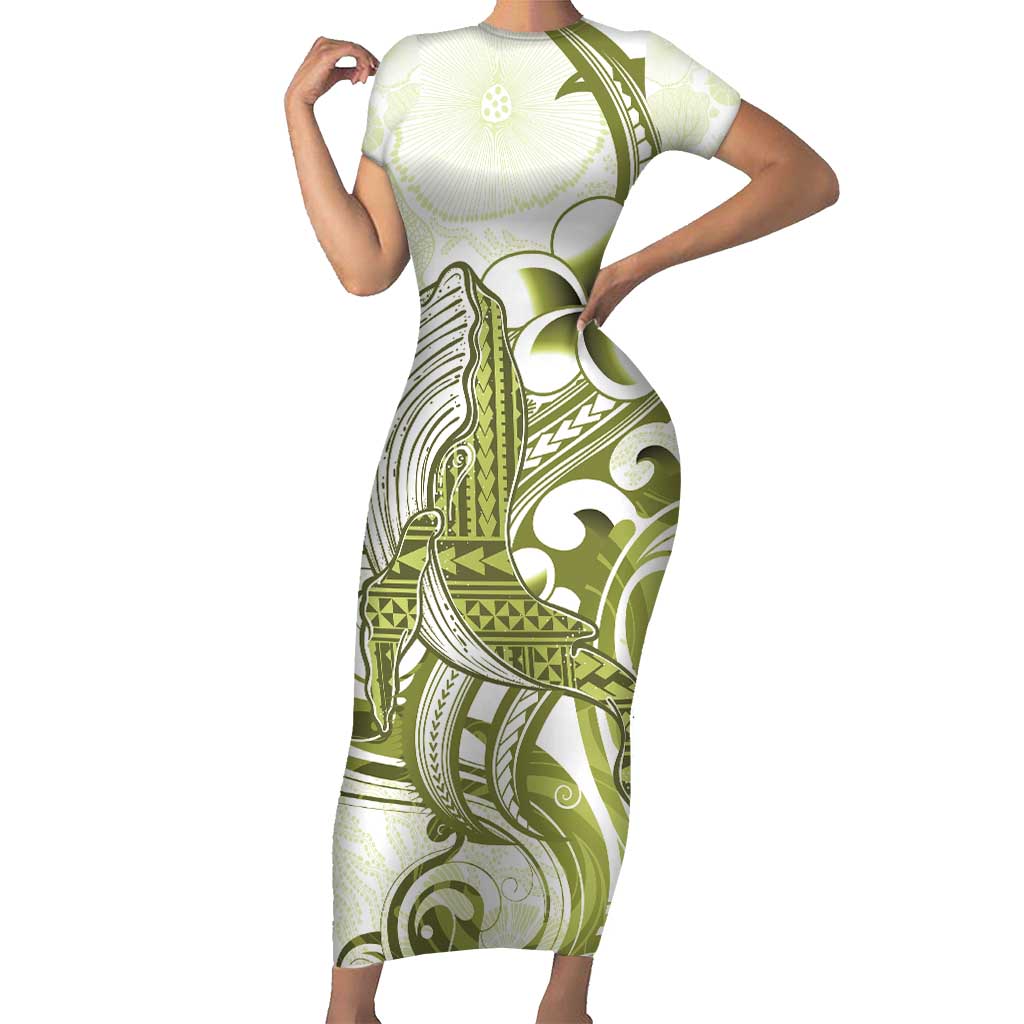 Lime Green Hawaii Short Sleeve Bodycon Dress Humpback Whale Tattoo Polynesian Tribal Ocean Vibes LT14 Long Dress Lime Green - Polynesian Pride