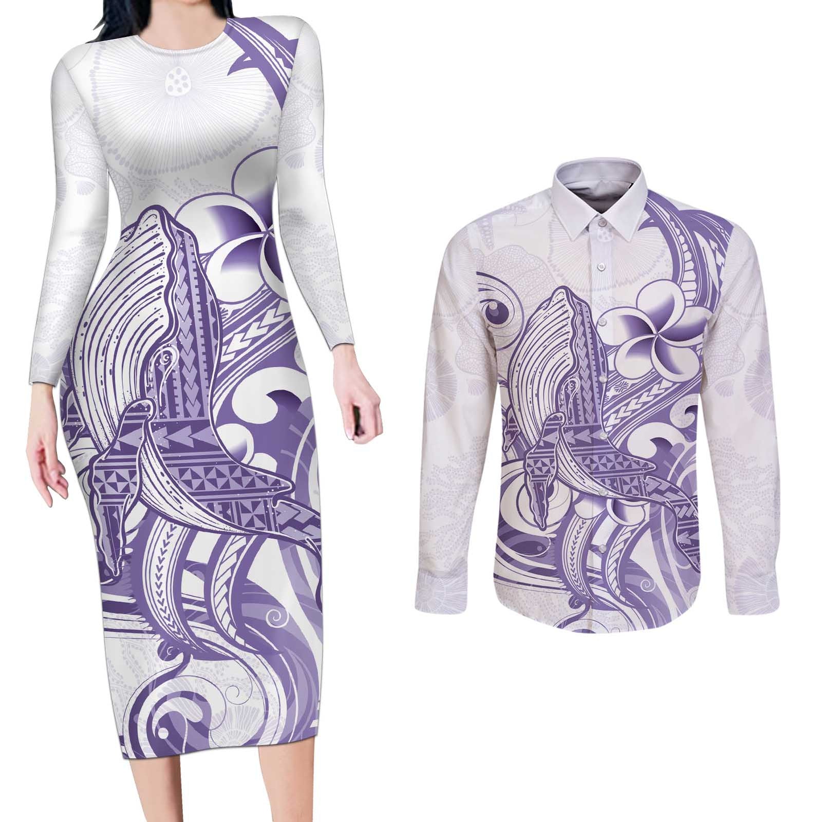 Purple Hawaii Couples Matching Long Sleeve Bodycon Dress and Long Sleeve Button Shirt Humpback Whale Tattoo Polynesian Tribal Ocean Vibes