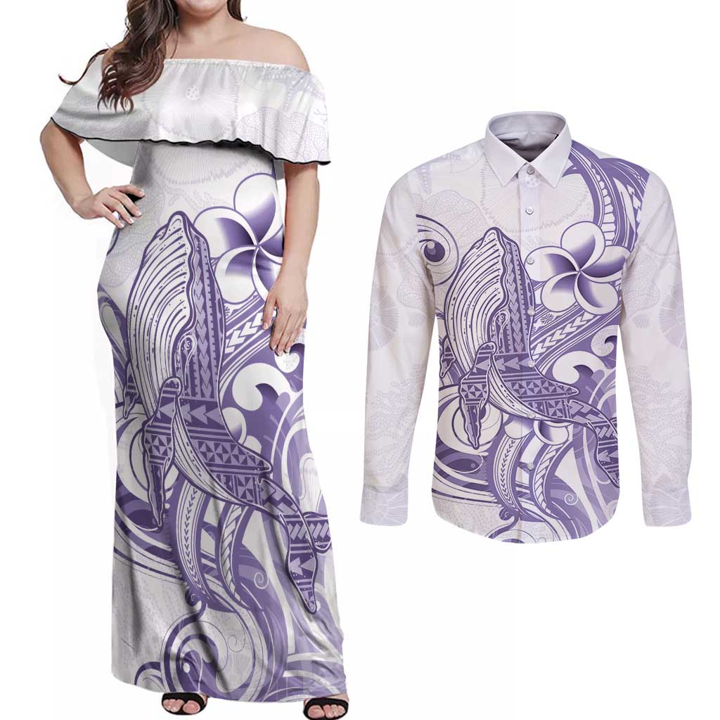 Purple Hawaii Couples Matching Off Shoulder Maxi Dress and Long Sleeve Button Shirt Humpback Whale Tattoo Polynesian Tribal Ocean Vibes