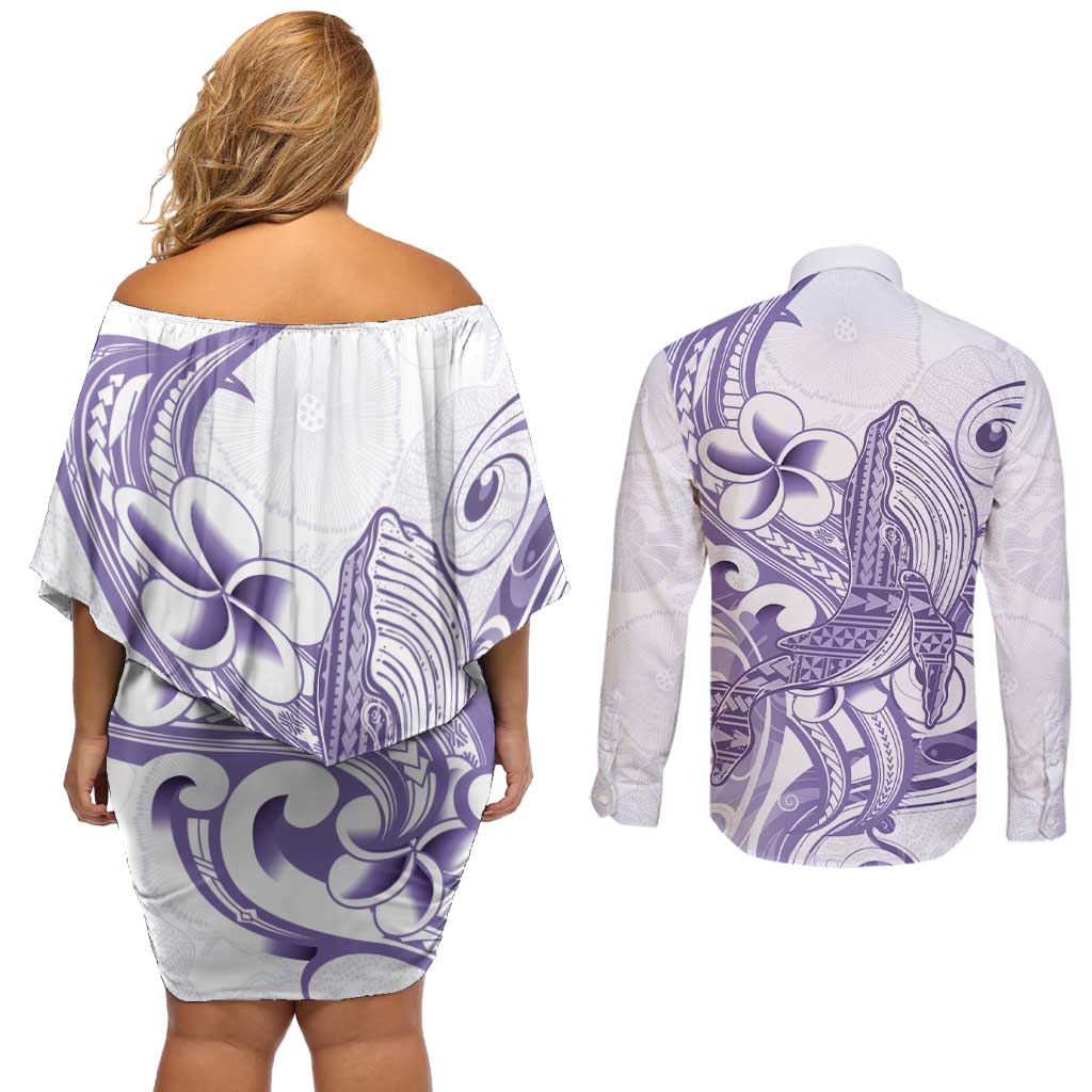Purple Hawaii Couples Matching Off Shoulder Short Dress and Long Sleeve Button Shirt Humpback Whale Tattoo Polynesian Tribal Ocean Vibes