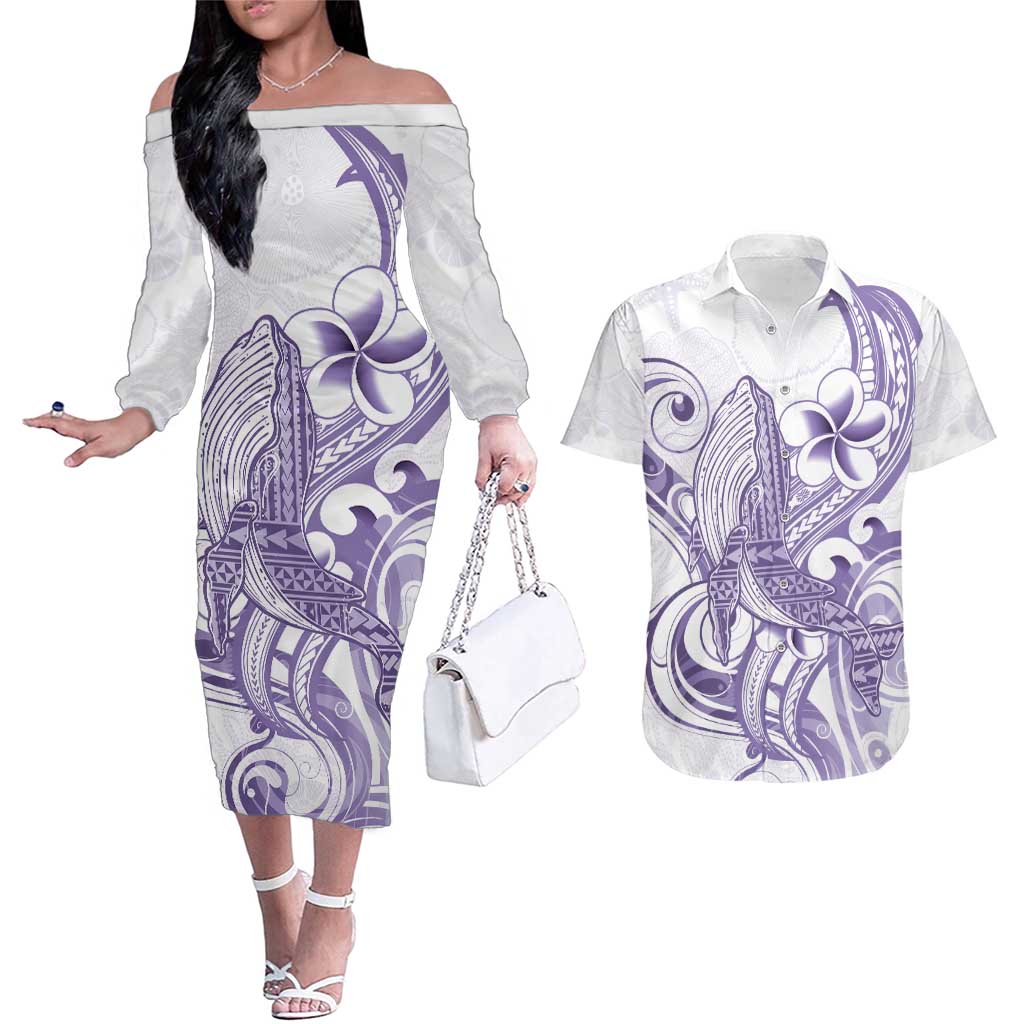 Purple Hawaii Couples Matching Off The Shoulder Long Sleeve Dress and Hawaiian Shirt Humpback Whale Tattoo Polynesian Tribal Ocean Vibes