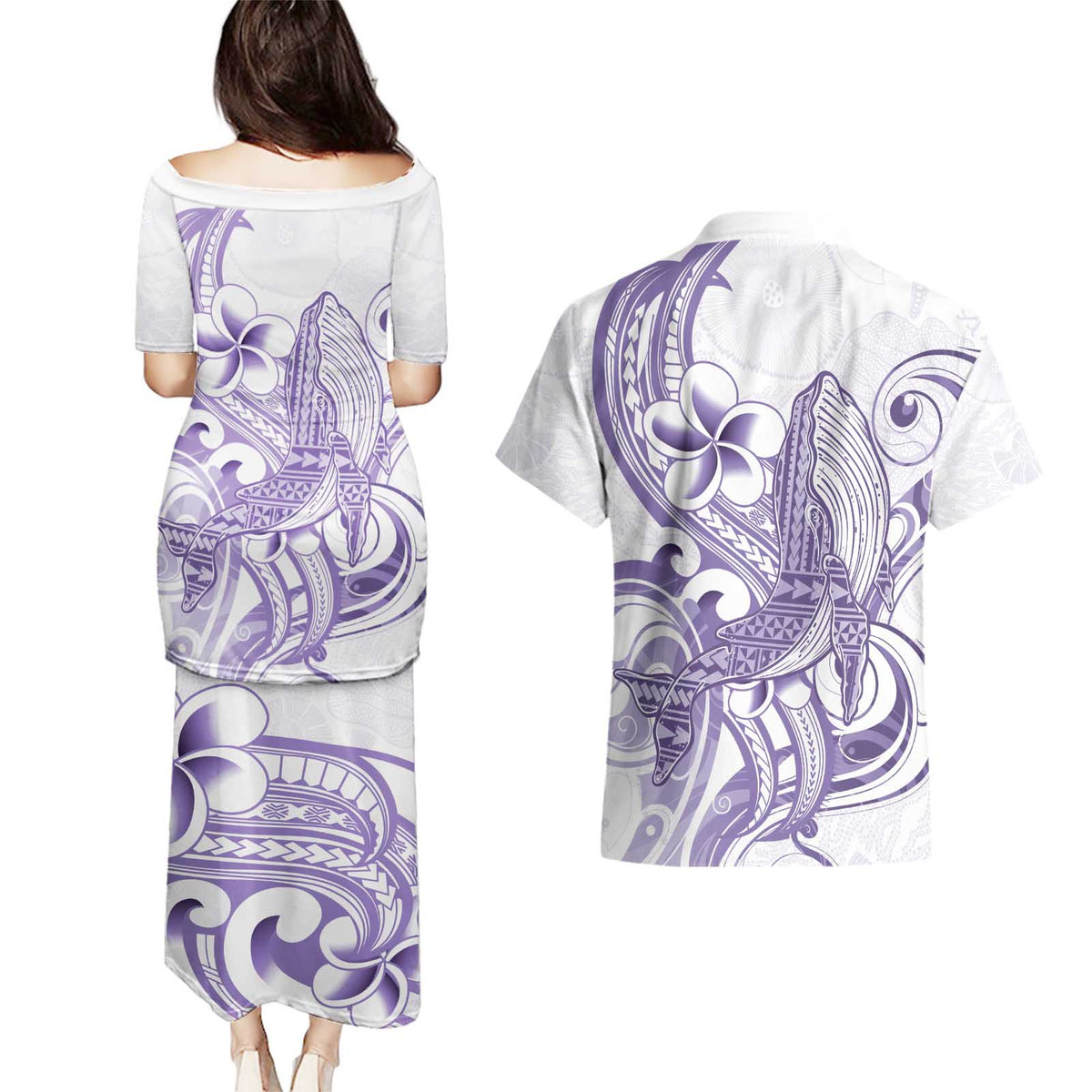 Purple Hawaii Couples Matching Puletasi and Hawaiian Shirt Humpback Whale Tattoo Polynesian Tribal Ocean Vibes