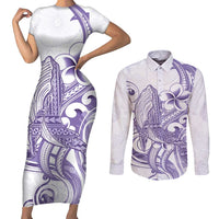 Purple Hawaii Couples Matching Short Sleeve Bodycon Dress and Long Sleeve Button Shirt Humpback Whale Tattoo Polynesian Tribal Ocean Vibes