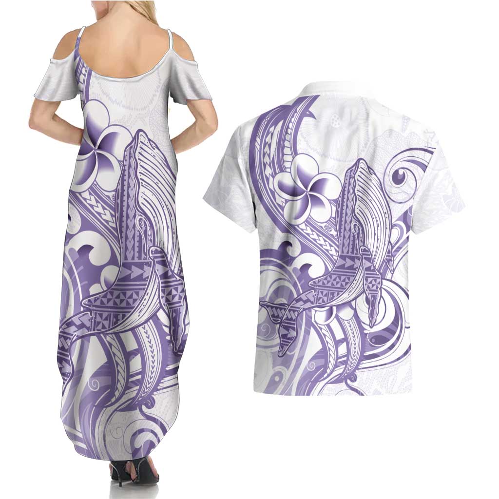 Purple Hawaii Couples Matching Summer Maxi Dress and Hawaiian Shirt Humpback Whale Tattoo Polynesian Tribal Ocean Vibes