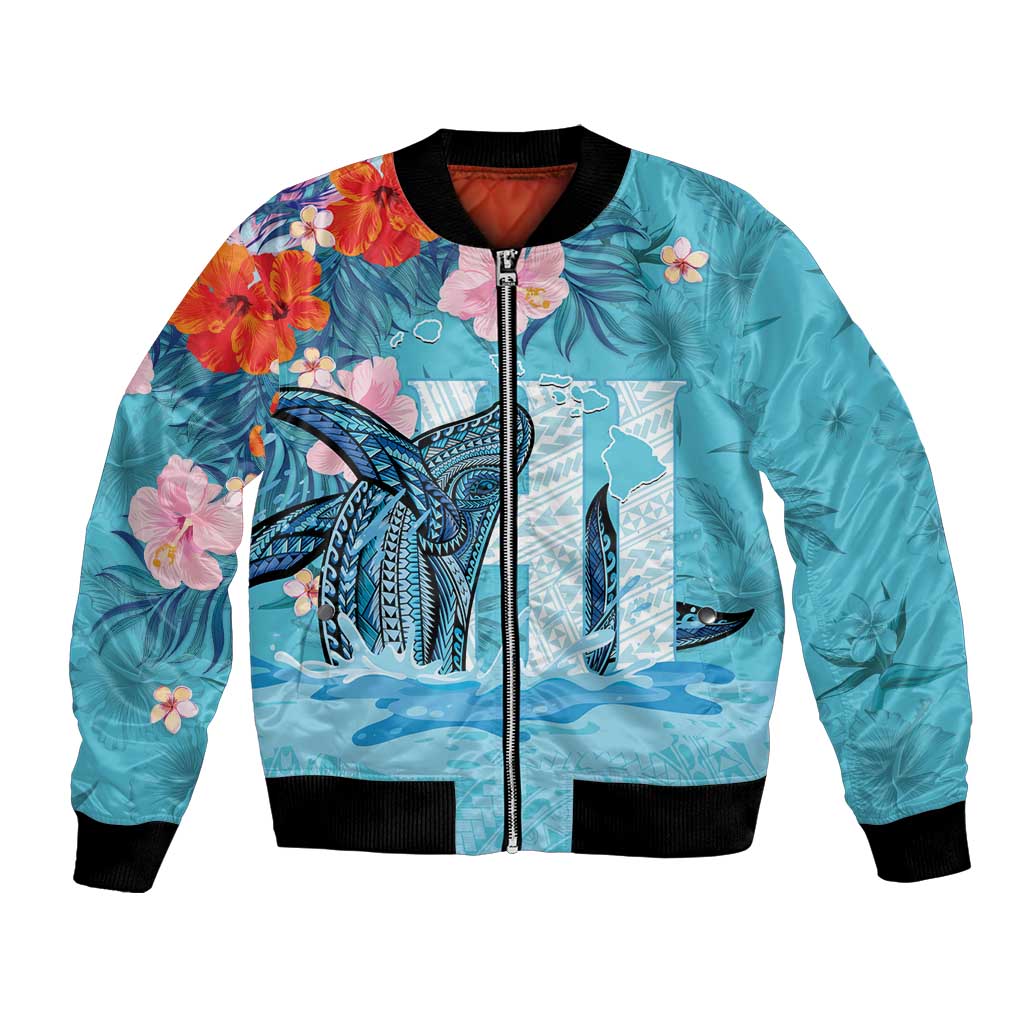 Personalised Hawaii Bomber Jacket Humpback Whale Tattoo With Tropical Flowers LT14 Unisex Blue - Polynesian Pride