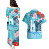 Personalised Hawaii Couples Matching Puletasi and Hawaiian Shirt Humpback Whale Tattoo With Tropical Flowers