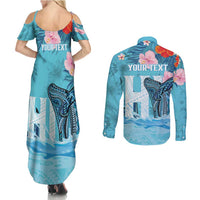 Personalised Hawaii Couples Matching Summer Maxi Dress and Long Sleeve Button Shirt Humpback Whale Tattoo With Tropical Flowers