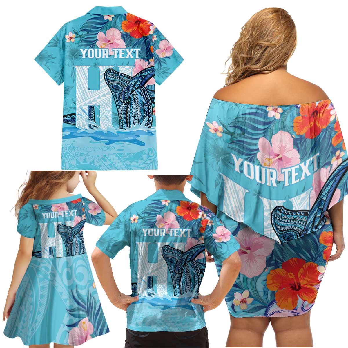 Personalised Hawaii Family Matching Off Shoulder Short Dress and Hawaiian Shirt Humpback Whale Tattoo With Tropical Flowers
