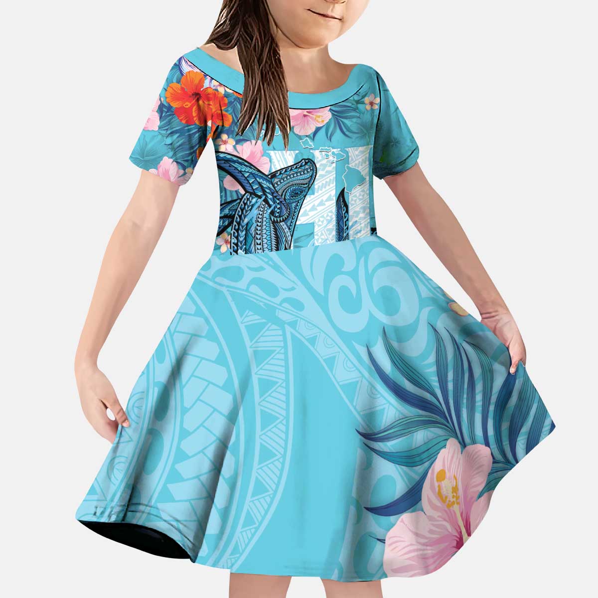 Personalised Hawaii Family Matching Puletasi and Hawaiian Shirt Humpback Whale Tattoo With Tropical Flowers LT14 Daughter's Dress Blue - Polynesian Pride