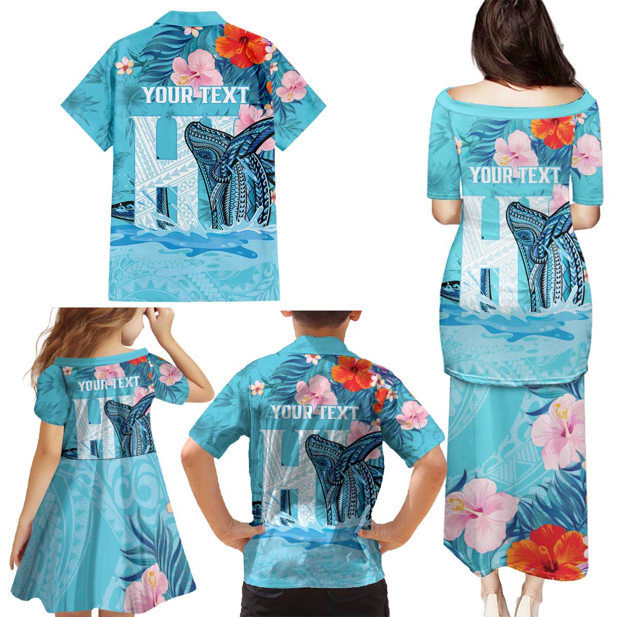 Personalised Hawaii Family Matching Puletasi and Hawaiian Shirt Humpback Whale Tattoo With Tropical Flowers LT14 - Polynesian Pride