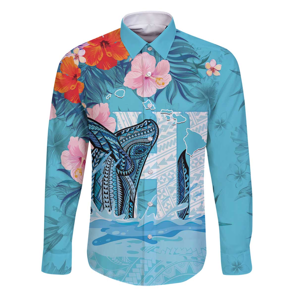 Personalised Hawaii Family Matching Puletasi and Hawaiian Shirt Humpback Whale Tattoo With Tropical Flowers LT14 Dad's Shirt - Long Sleeve Blue - Polynesian Pride