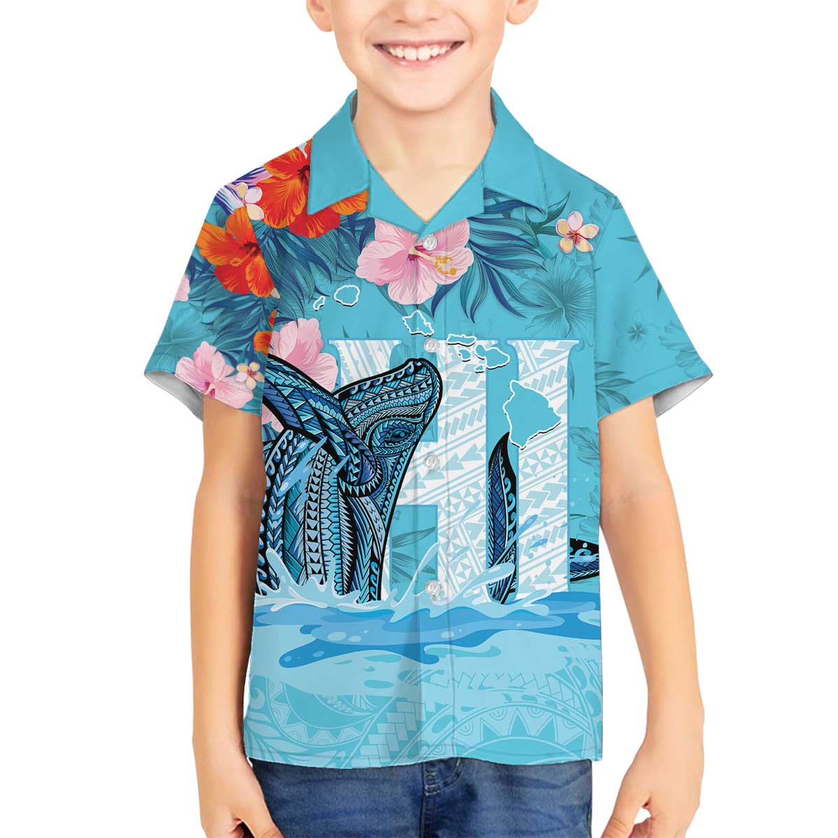 Personalised Hawaii Family Matching Puletasi and Hawaiian Shirt Humpback Whale Tattoo With Tropical Flowers LT14 Son's Shirt Blue - Polynesian Pride