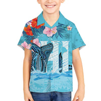 Personalised Hawaii Family Matching Puletasi and Hawaiian Shirt Humpback Whale Tattoo With Tropical Flowers LT14 Son's Shirt Blue - Polynesian Pride