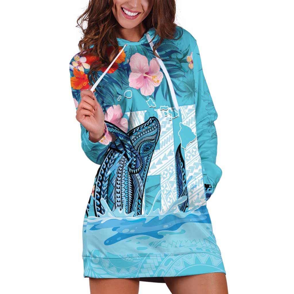 Personalised Hawaii Hoodie Dress Humpback Whale Tattoo With Tropical Flowers