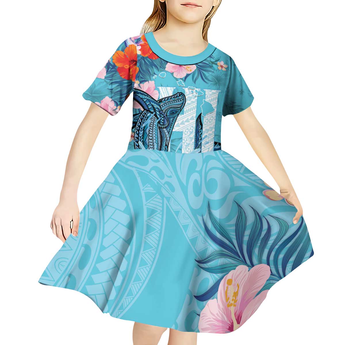 Personalised Hawaii Kid Short Sleeve Dress Humpback Whale Tattoo With Tropical Flowers
