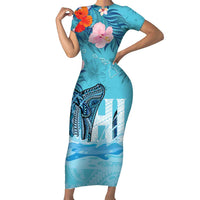 Personalised Hawaii Short Sleeve Bodycon Dress Humpback Whale Tattoo With Tropical Flowers LT14 Long Dress Blue - Polynesian Pride
