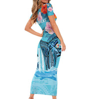 Personalised Hawaii Short Sleeve Bodycon Dress Humpback Whale Tattoo With Tropical Flowers LT14 - Polynesian Pride