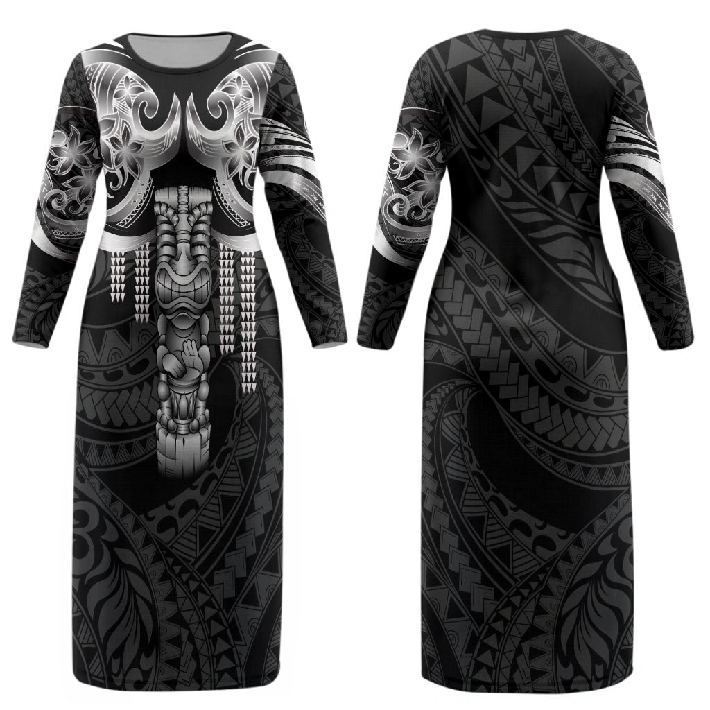 Tiki Drum Hawaii Couples Matching Long Sleeve Bodycon Dress and Hawaiian Shirt Hawaiian Kakau Tattoo Style