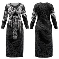 Tiki Drum Hawaii Couples Matching Long Sleeve Bodycon Dress and Hawaiian Shirt Hawaiian Kakau Tattoo Style