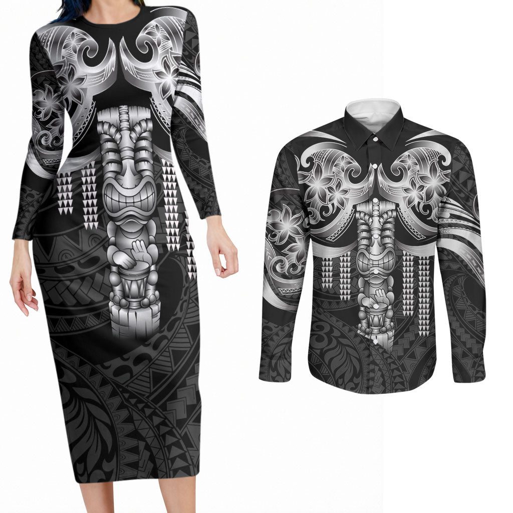 Tiki Drum Hawaii Couples Matching Long Sleeve Bodycon Dress and Long Sleeve Button Shirt Hawaiian Kakau Tattoo Style